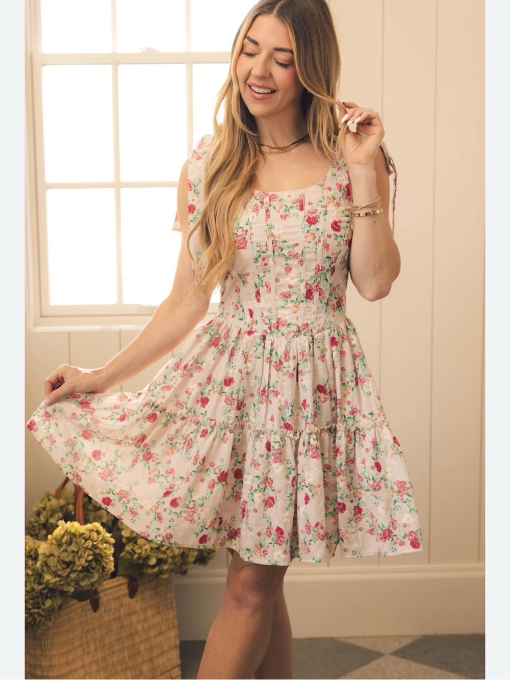 City Studio Cream Mini Dress with Pink Floral Print
